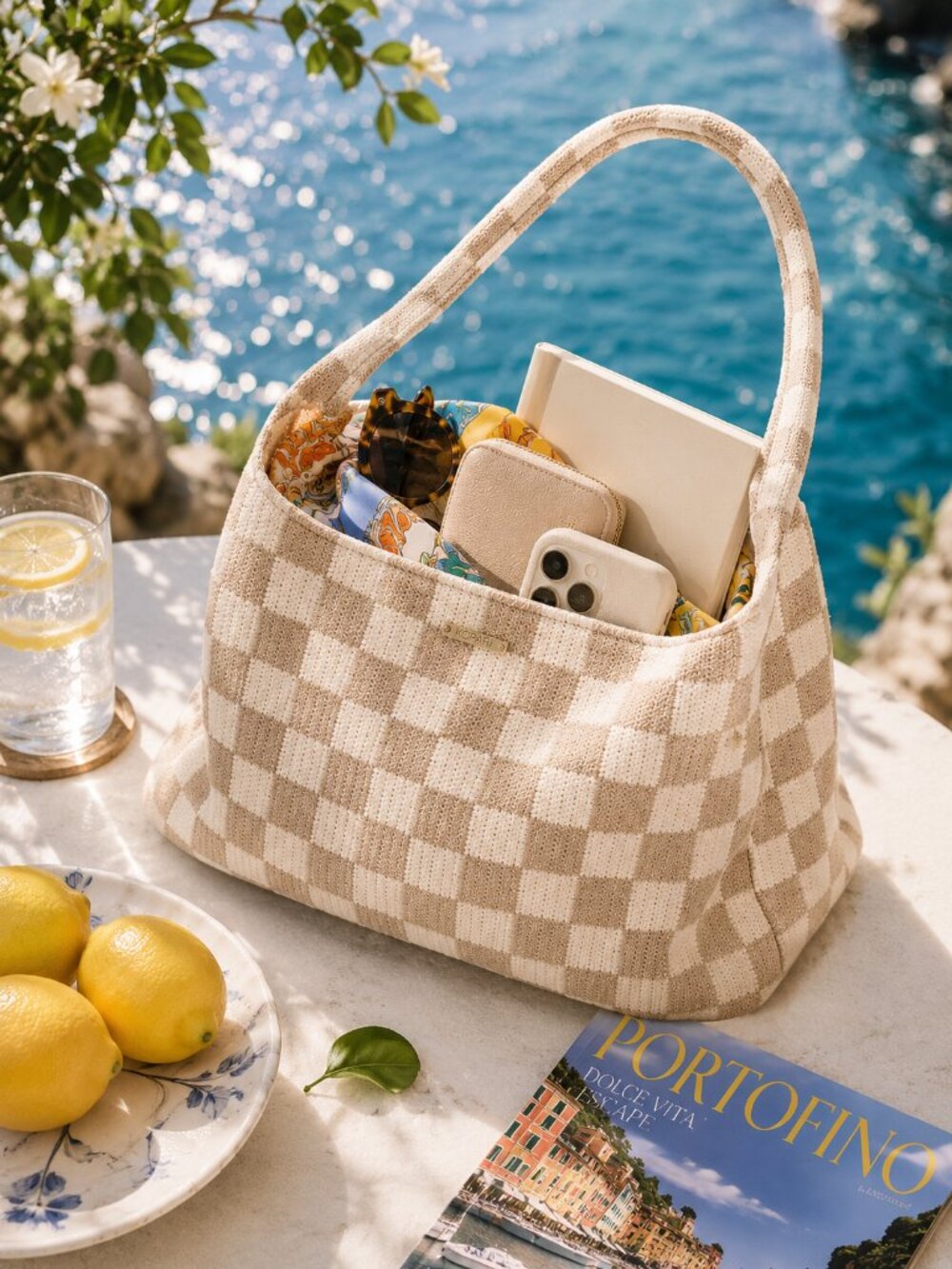 NEW Kopari Limited Edition Checkered Knit Tote Cream Tan Resort Shoulder Bag - Picture 10 of 10